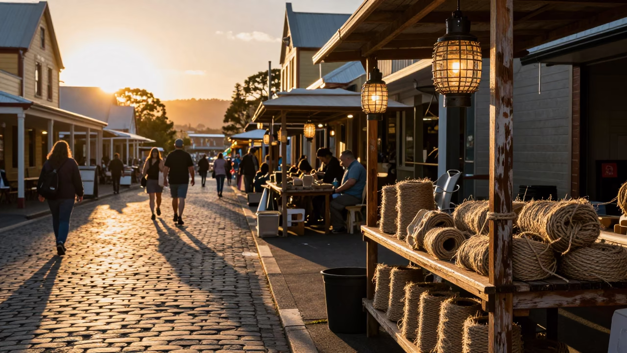 Golden Hour Street Scene in Hobart Tasmania with Twine and Lantern in in Hobart, Tasmania, Australia