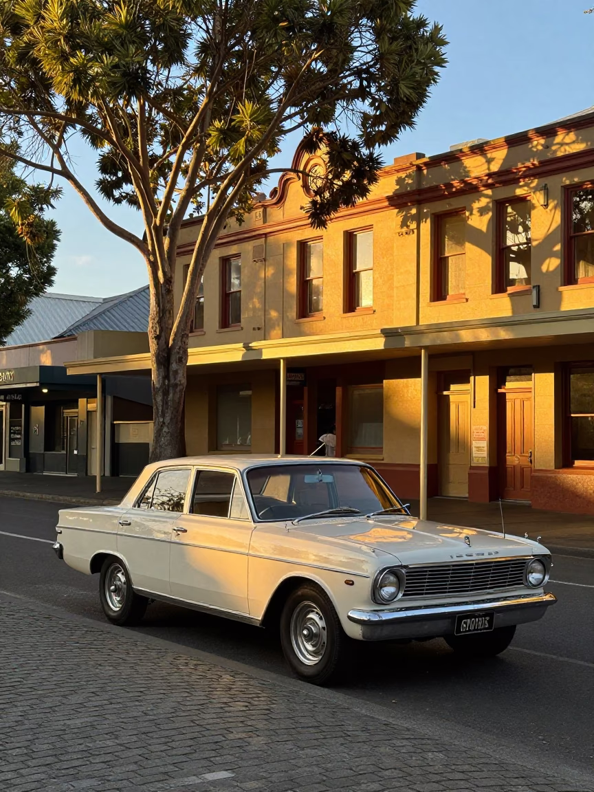 Golden Hour Street Scene in Hobart Tasmania with Vintage Car and Tree in in Hobart, Tasmania, Australia