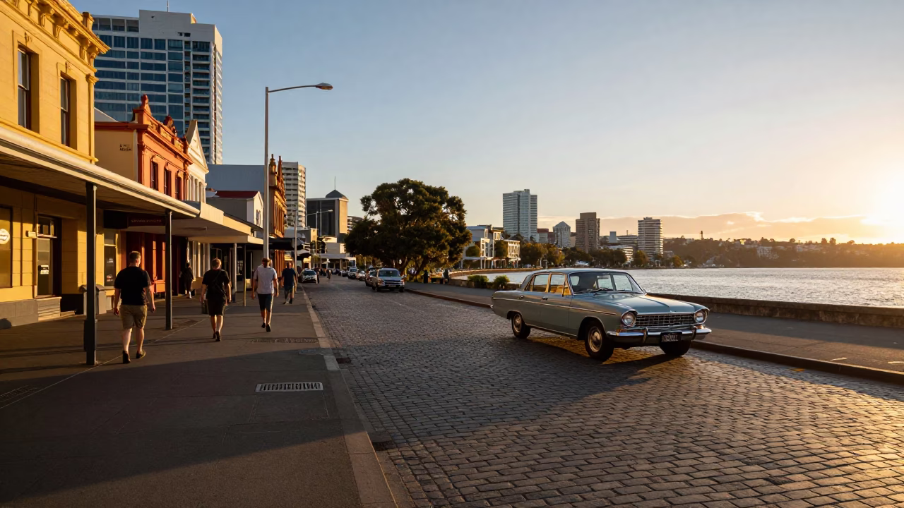 Golden Hour Street Scene in Hobart Tasmania with Vintage Cars and Pedestrians in in Hobart, Tasmania, Australia