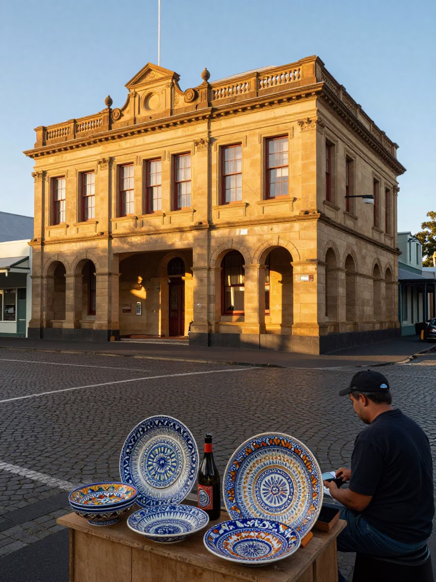 Golden hour street scene in Hobart Tasmania with vintage majolica plate and bottle brush in in Hobart, Tasmania, Australia