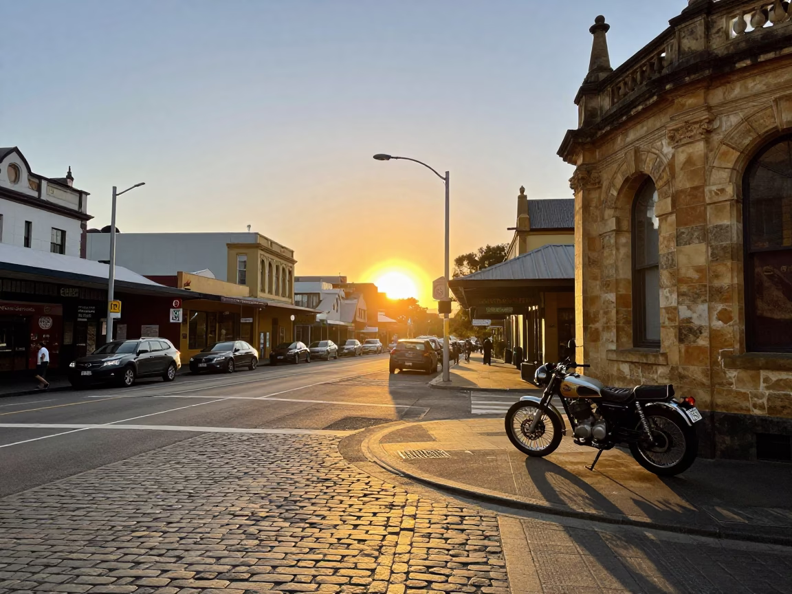 Golden Hour Street Scene in Hobart Tasmania with Vintage Motorcycle and Autumn Vine Funicular in in Hobart, Tasmania, Australia