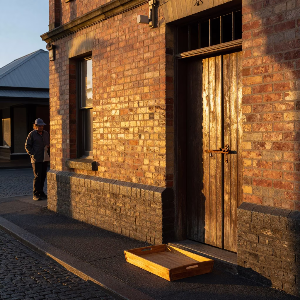 Golden Hour Street Scene in Hobart Tasmania with Wooden Tray and Door Latch Details in in Hobart, Tasmania, Australia