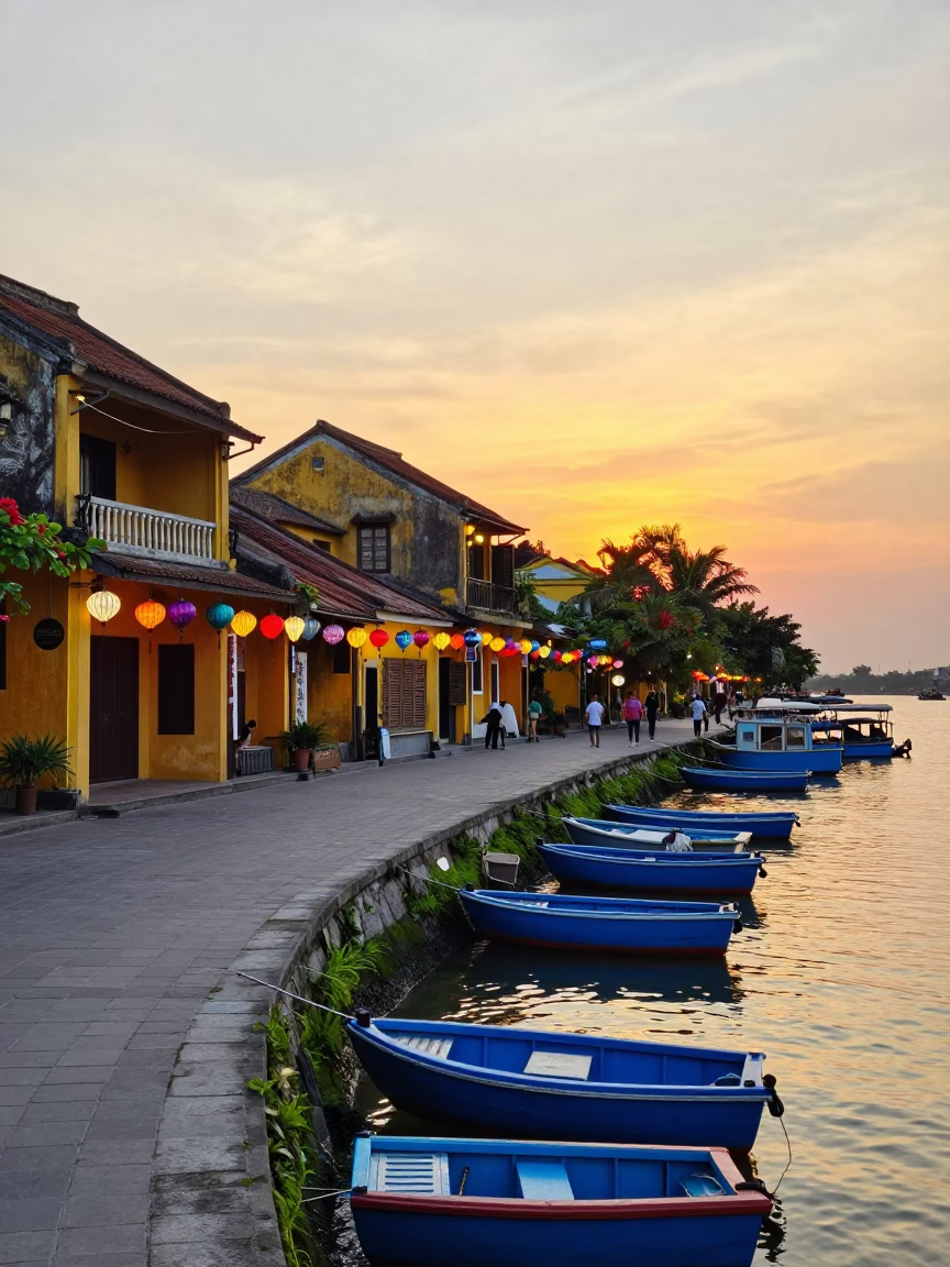 Golden Hour Street Scene in Hoi An Vietnam with Colorful Lanterns and Fishing Floats in in Hoi An, Vietnam