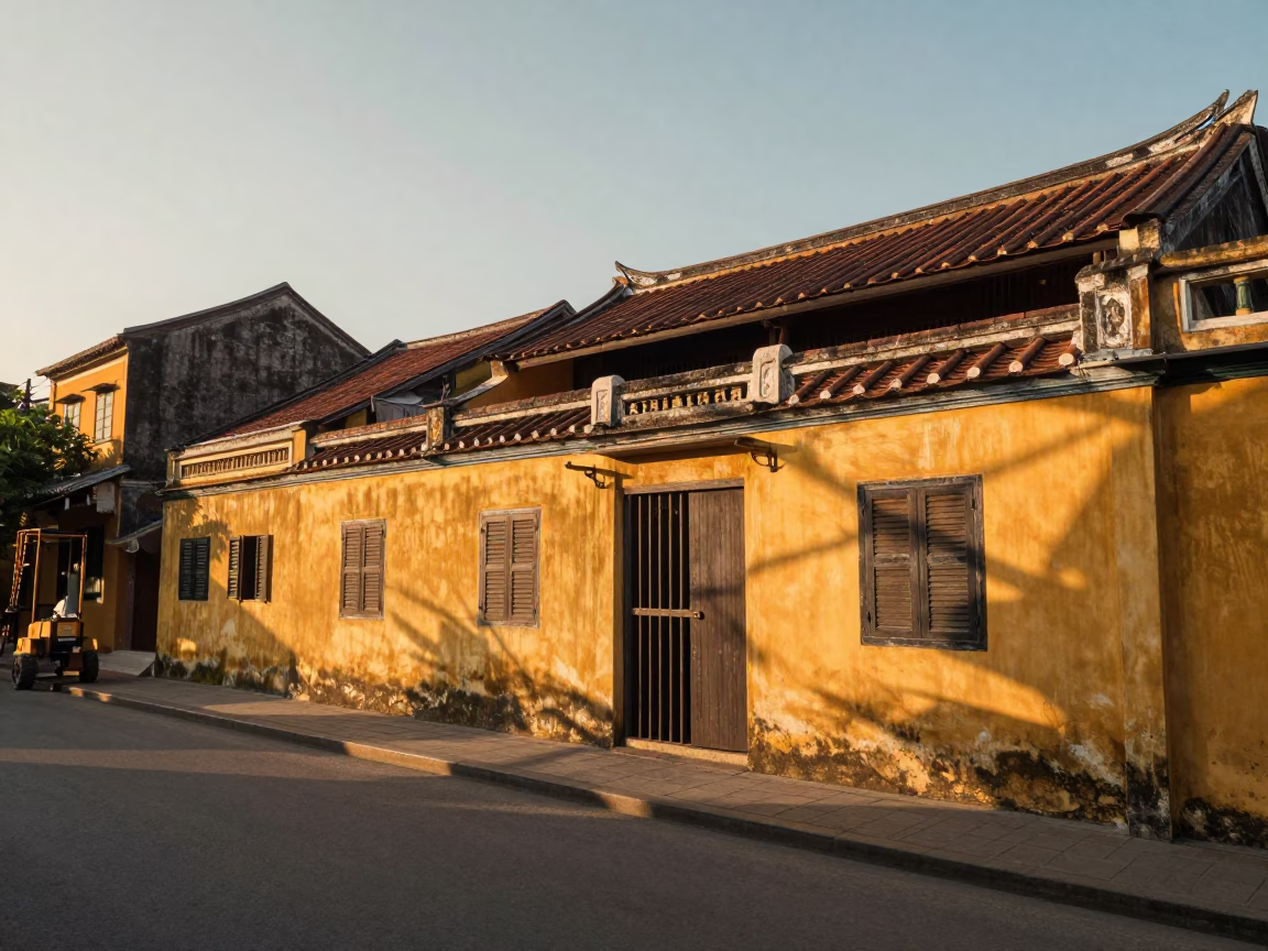 Golden Hour Street Scene in Hoi An Vietnam with Construction and Local Life in in Hoi An, Vietnam