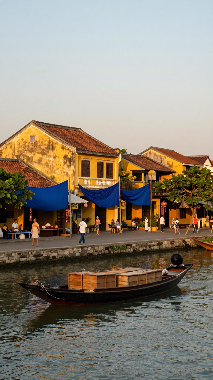 Golden Hour Street Scene in Hoi An Vietnam with Indigo Fabric and Canal Barge in in Hoi An, Vietnam