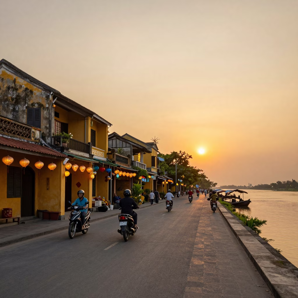 Golden Hour Street Scene in Hoi An Vietnam with Lanterns and Motorbikes in in Hoi An, Vietnam