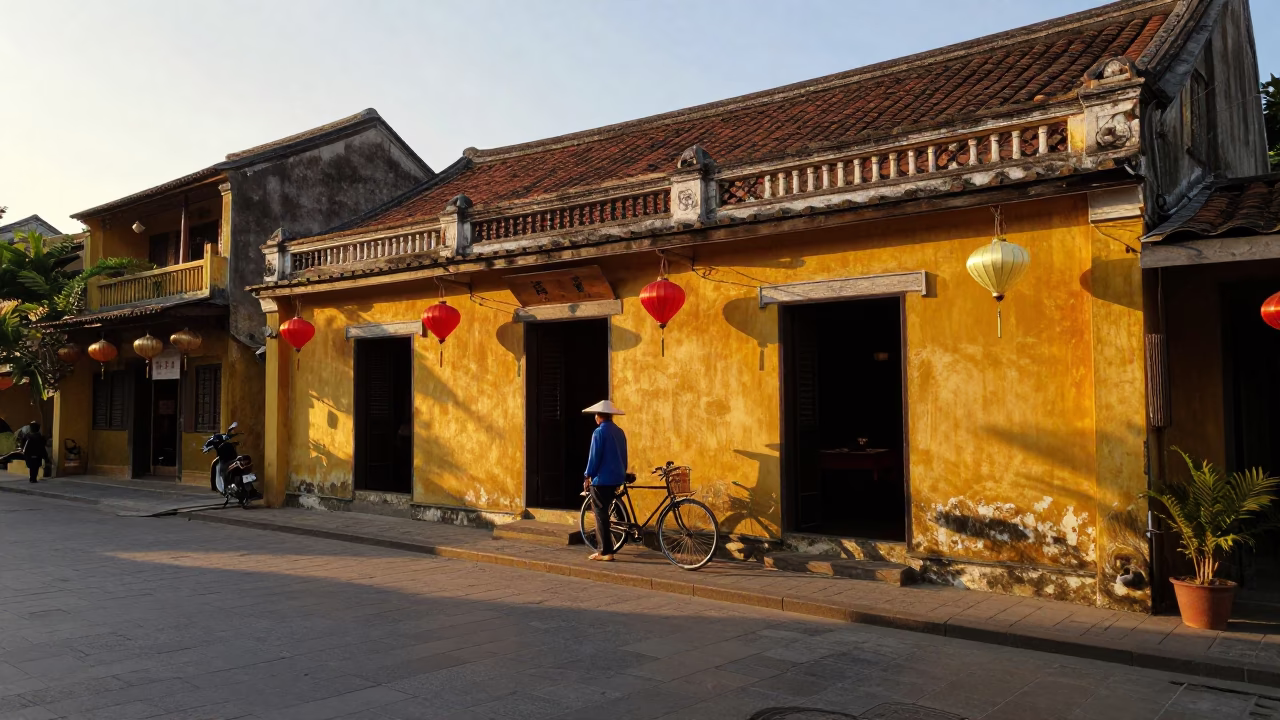 Golden Hour Street Scene in Hoi An Vietnam with Lanterns and Bicycle in in Hoi An, Vietnam