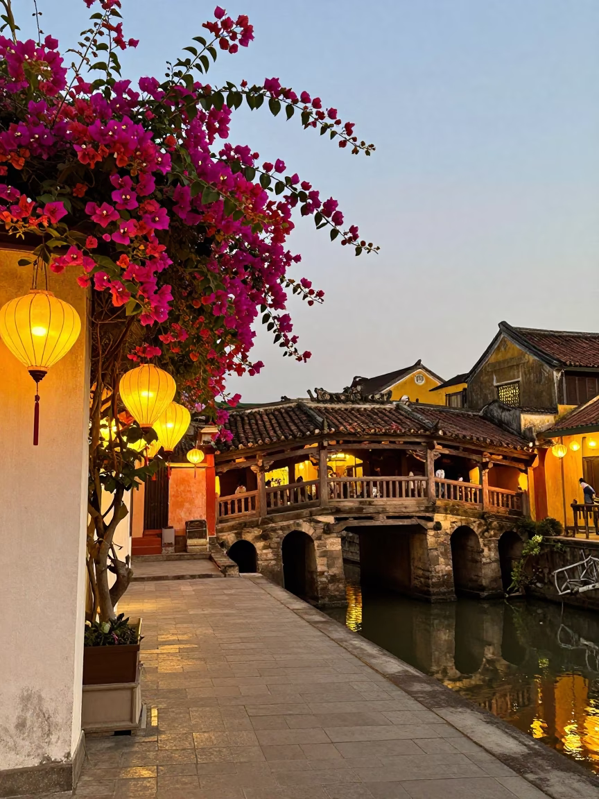 Golden Hour Street Scene in Hoi An Vietnam with Lanterns and Bougainvillea in in Hoi An, Vietnam