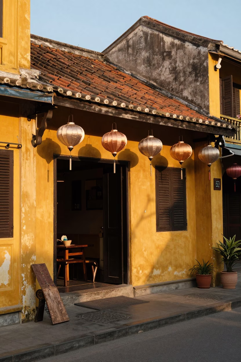 Golden Hour Street Scene in Hoi An Vietnam with Lanterns and Local Life in in Hoi An, Vietnam