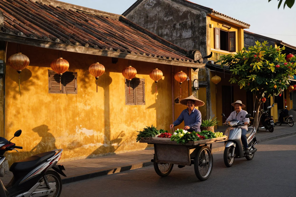 Golden Hour Street Scene in Hoi An Vietnam with Lanterns and Motorbikes in in Hoi An, Vietnam