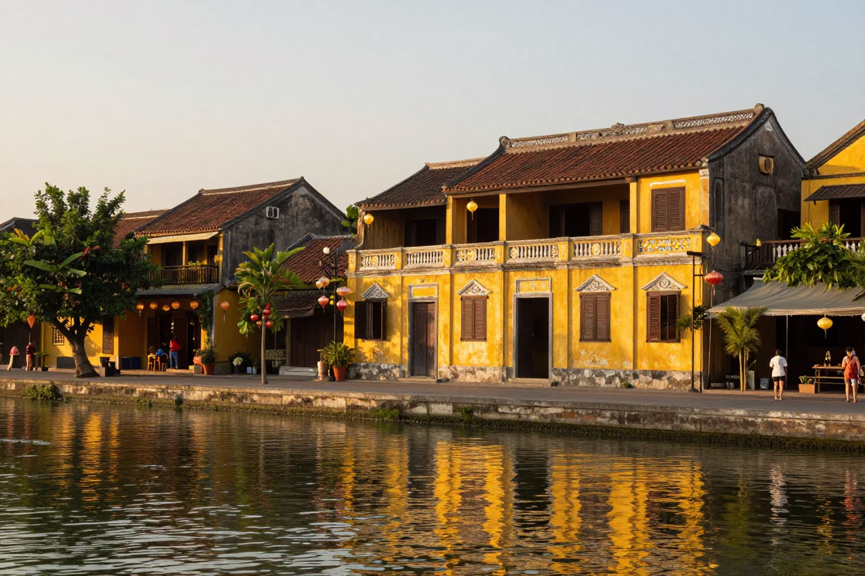 Golden Hour Street Scene in Hoi An Vietnam with Lanterns and River Reflections in in Hoi An, Vietnam
