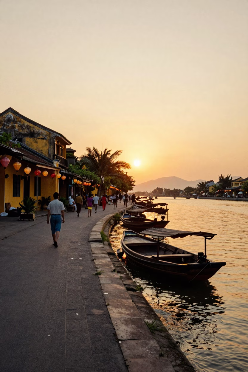 Golden Hour Street Scene in Hoi An Vietnam with Lanterns and River in in Hoi An, Vietnam