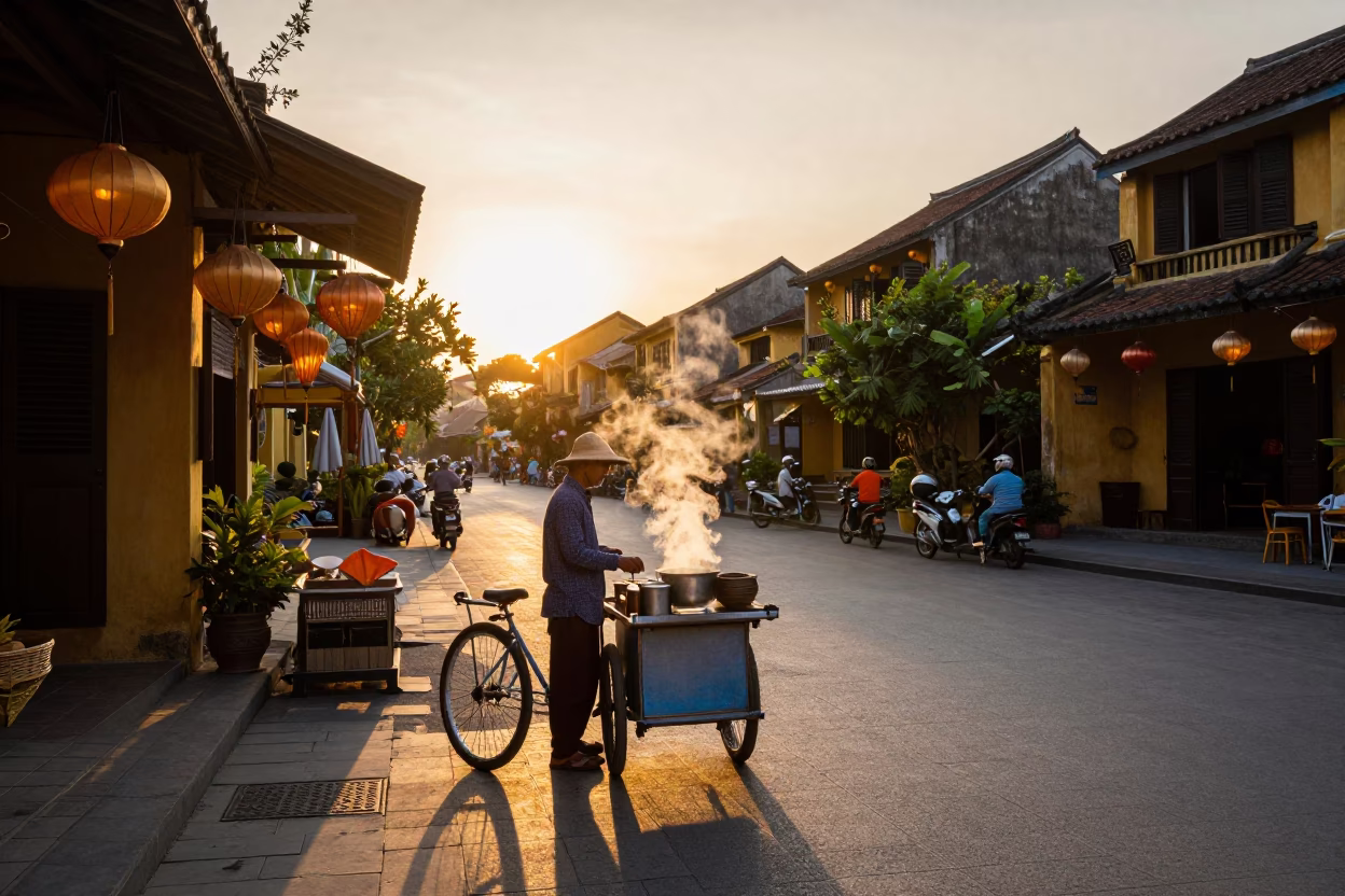 Golden Hour Street Scene in Hoi An Vietnam with Lanterns and Steam in in Hoi An, Vietnam