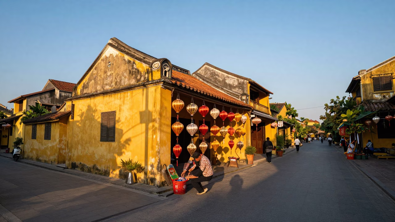 Golden Hour Street Scene in Hoi An Vietnam with Lanterns and Traditional Architecture in in Hoi An, Vietnam