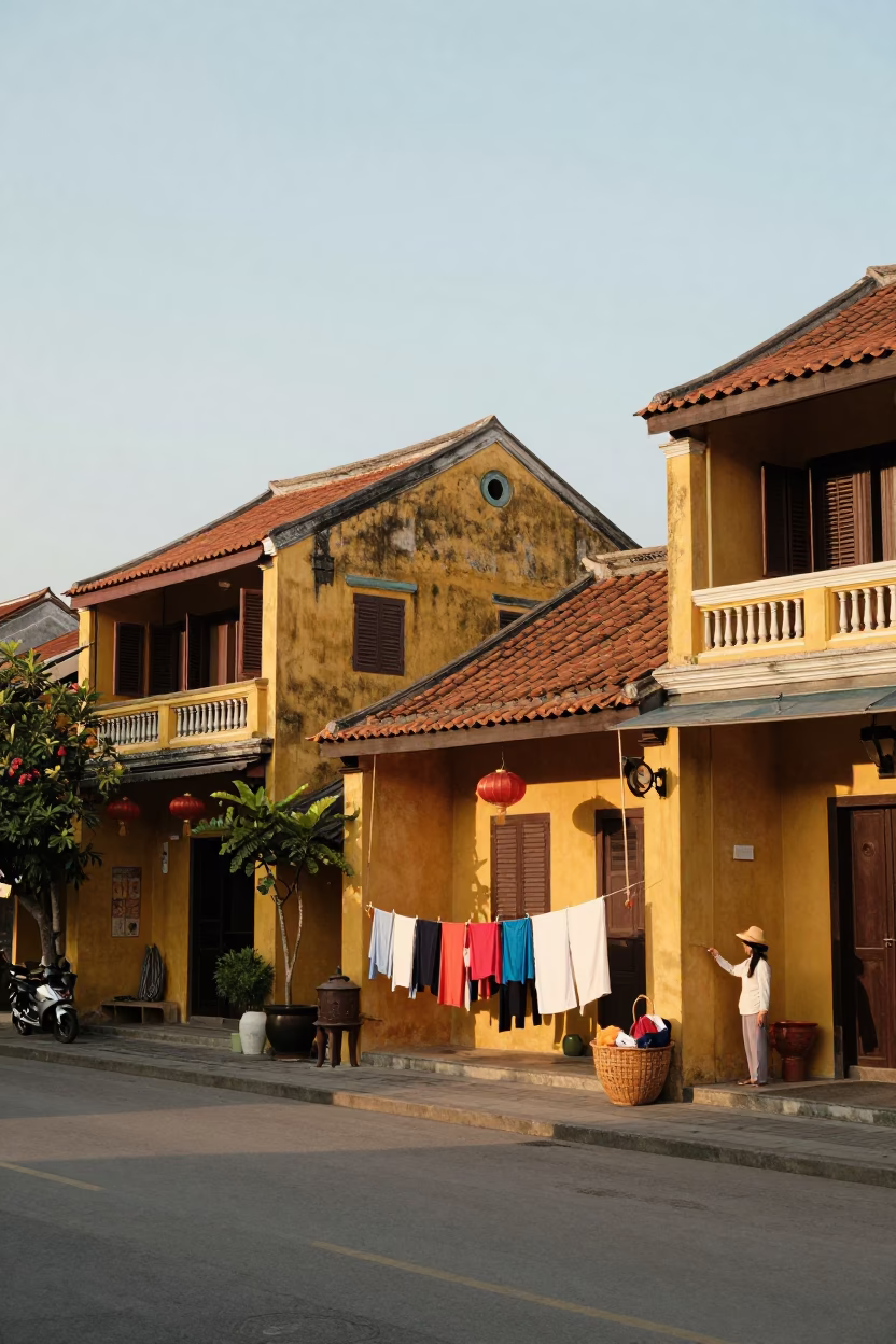 Golden Hour Street Scene in Hoi An Vietnam with Laundry and Traditional Architecture in in Hoi An, Vietnam