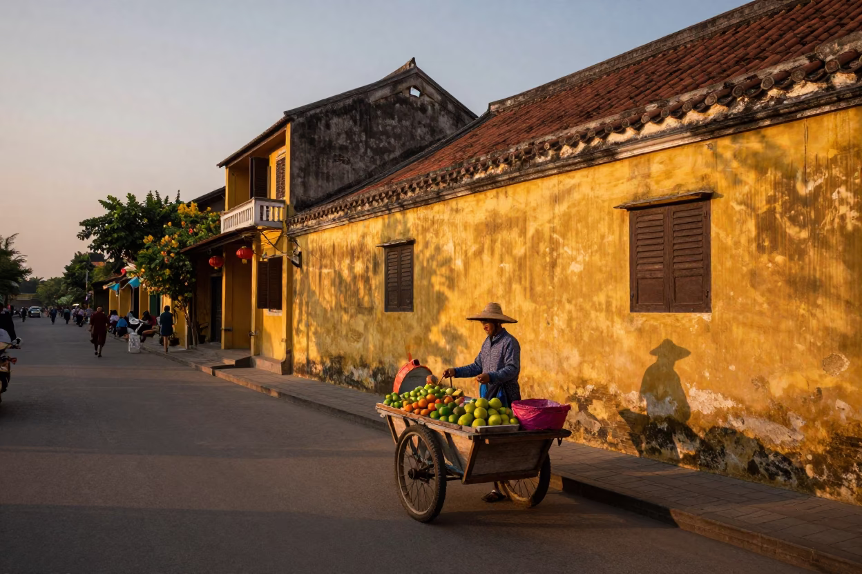 Golden Hour Street Scene in Hoi An Vietnam with Local Fruit Vendor in in Hoi An, Vietnam