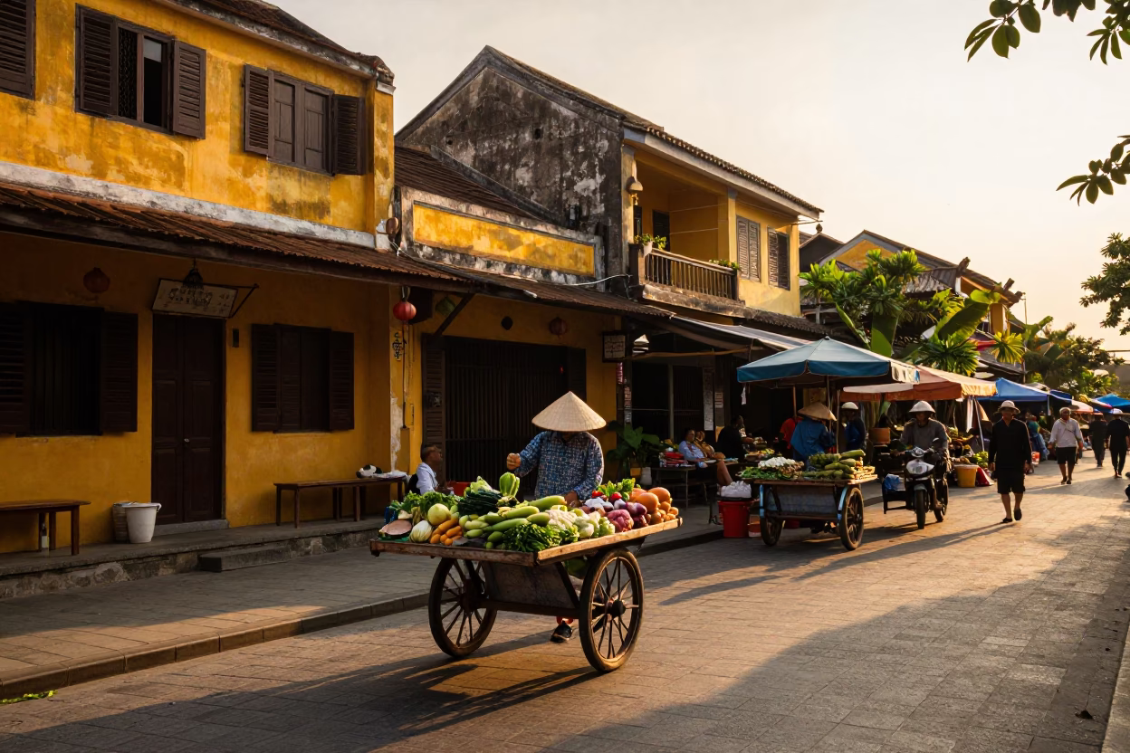 Golden Hour Street Scene in Hoi An Vietnam with Local Market Activity in in Hoi An, Vietnam