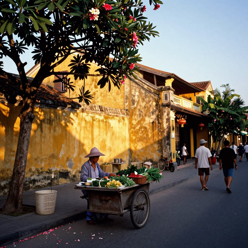 Golden Hour Street Scene in Hoi An Vietnam with Plumeria Petals and Local Life in in Hoi An, Vietnam