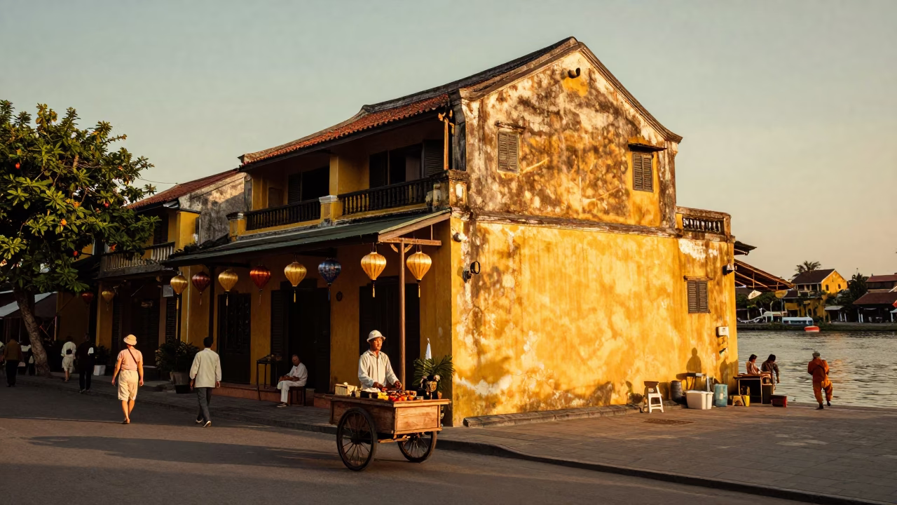 Golden Hour Street Scene in Hoi An Vietnam with Silk Lanterns and River View in in Hoi An, Vietnam