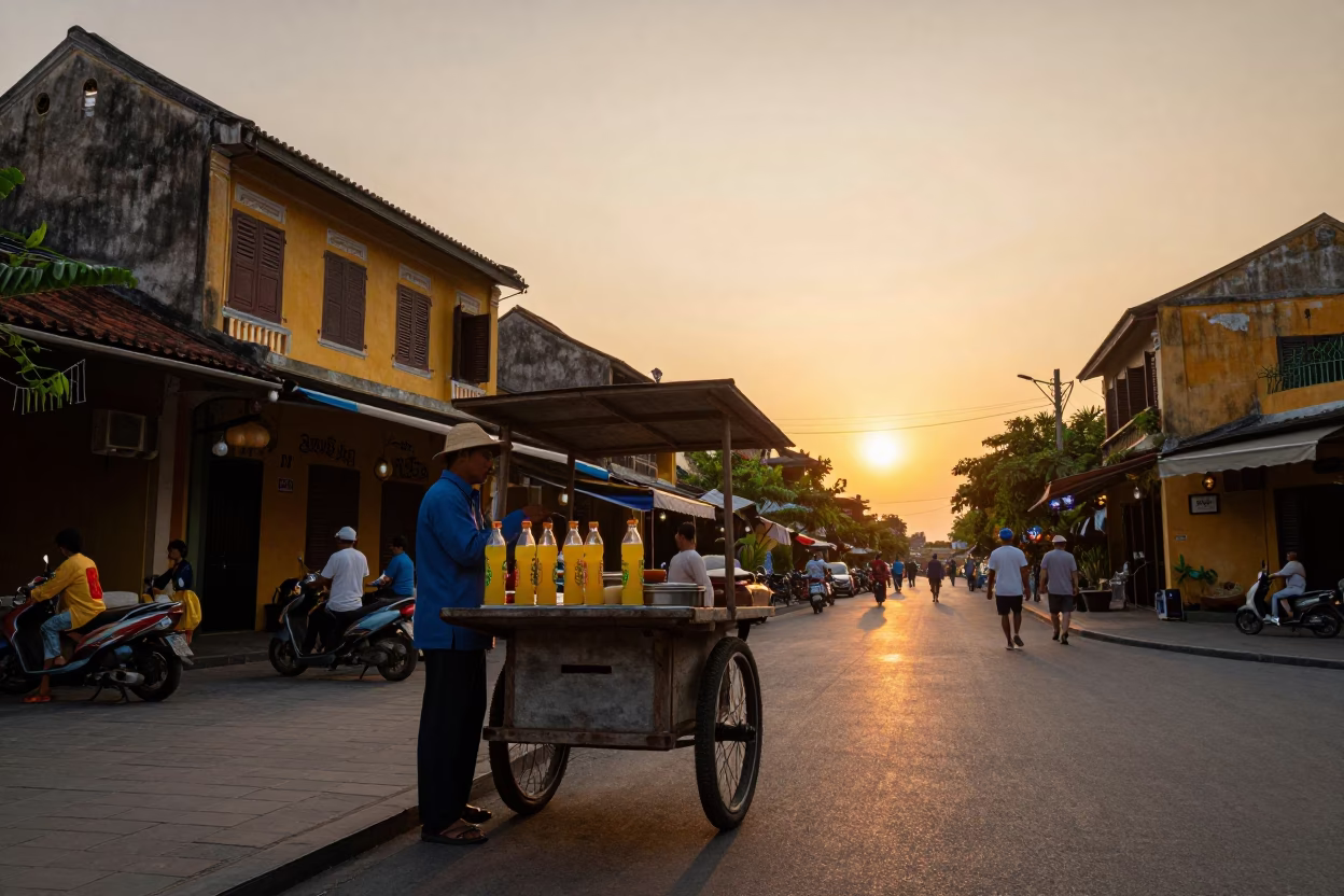 Golden Hour Street Scene in Hoi An Vietnam with Sugarcane Juice and Ceramic Plate in in Hoi An, Vietnam