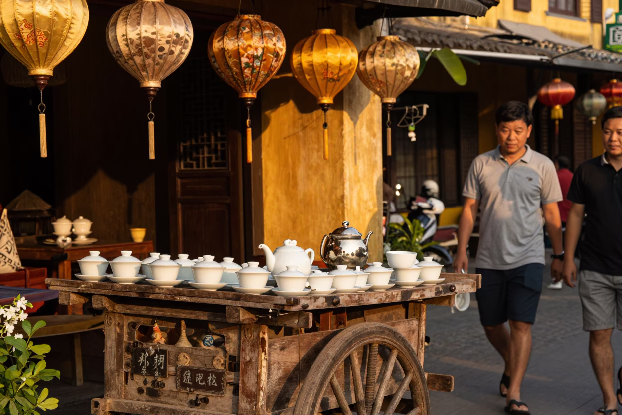 Golden Hour Street Scene in Hoi An Vietnam with Tea Cups and Clay Pots in in Hoi An, Vietnam
