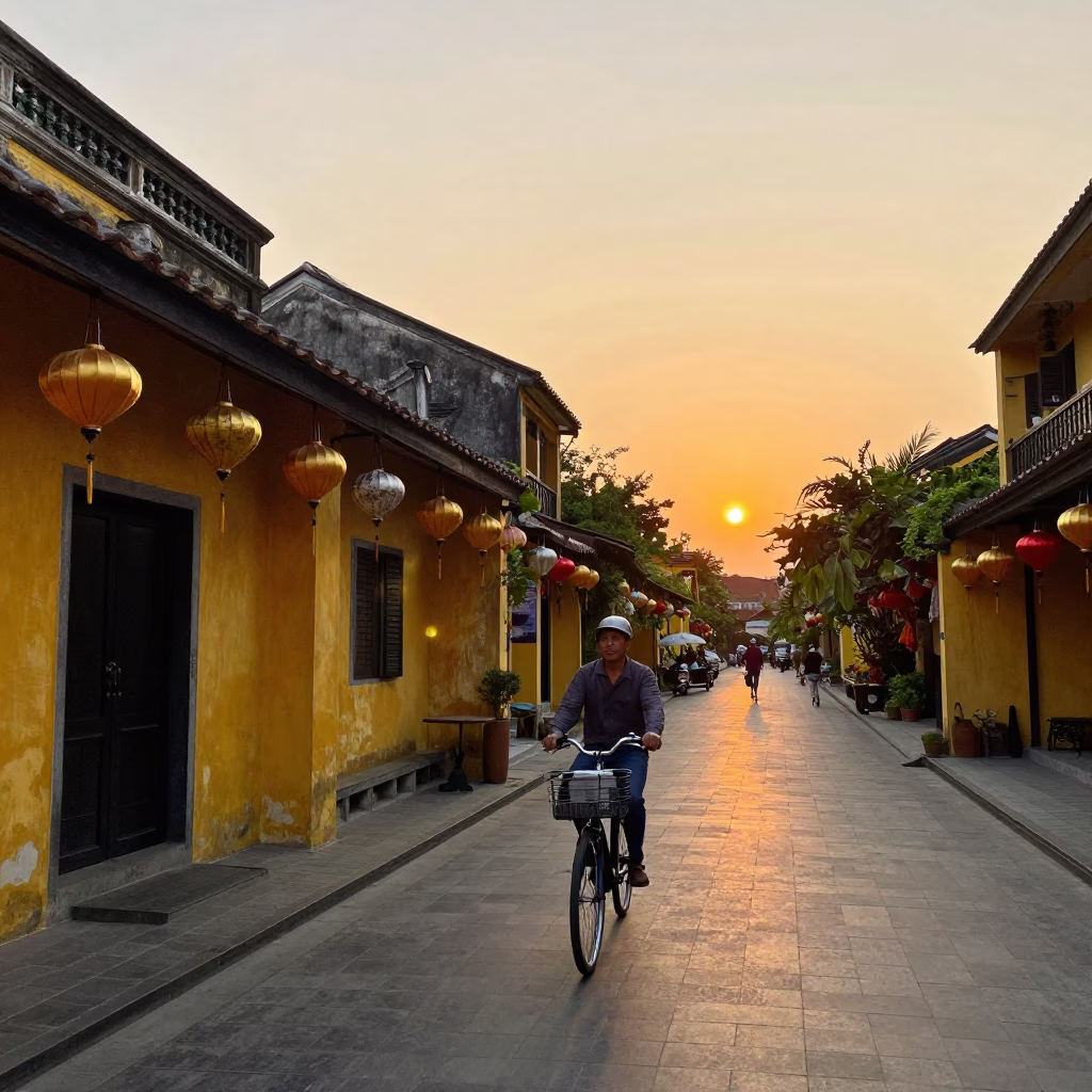 Golden Hour Street Scene in Hoi An Vietnam with Traditional Lanterns and Cyclist in in Hoi An, Vietnam