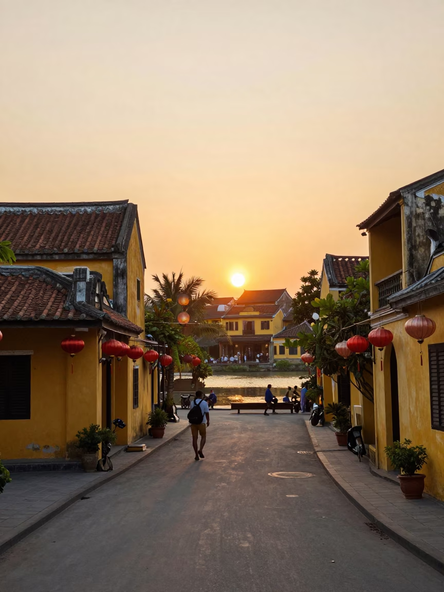 Golden Hour Street Scene in Hoi An Vietnam with Traditional Lanterns and Local Life in in Hoi An, Vietnam