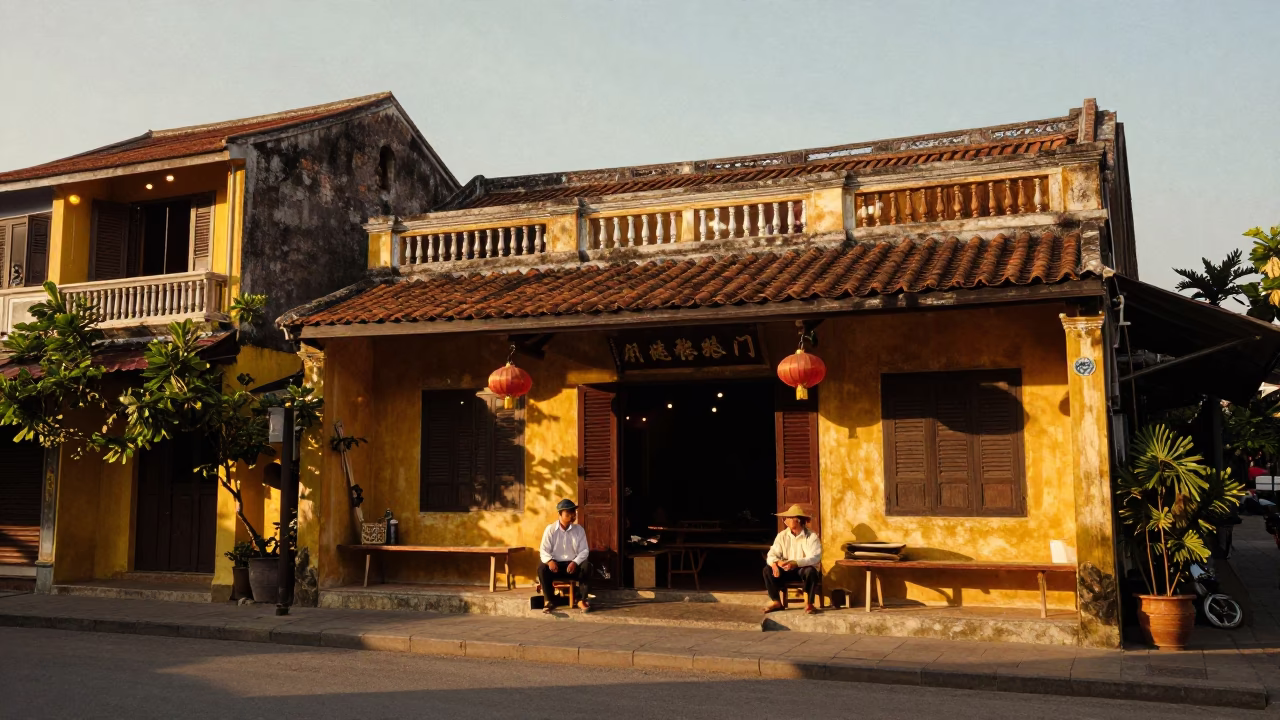 Golden Hour Street Scene in Hoi An Vietnam with Vintage 1960s Atmosphere in in Hoi An, Vietnam