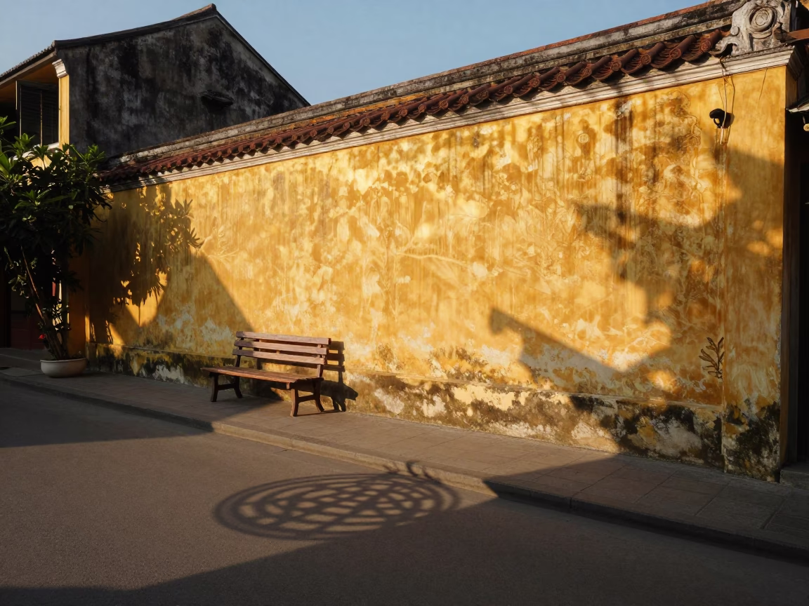 Golden Hour Street Scene in Hoi An Vietnam with Wicker Shadow and Water Rings in in Hoi An, Vietnam