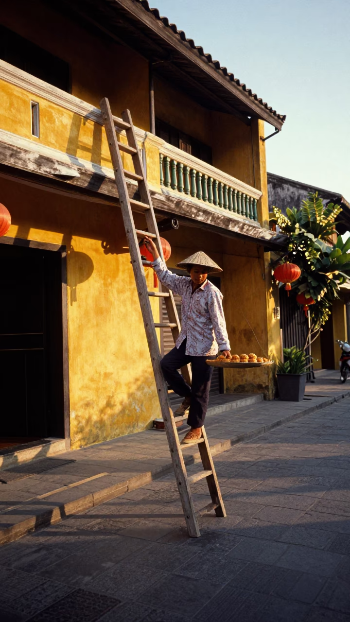 Golden Hour Street Scene in Hoi An Vietnam with Wooden Ladder and Mooncake Tray in in Hoi An, Vietnam