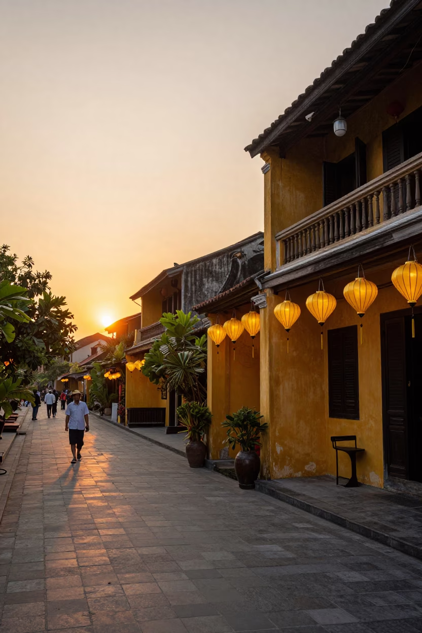 Golden Hour Street Scene in Hoi An Vietnam with Yellow Lanterns and Watering Jug in in Hoi An, Vietnam