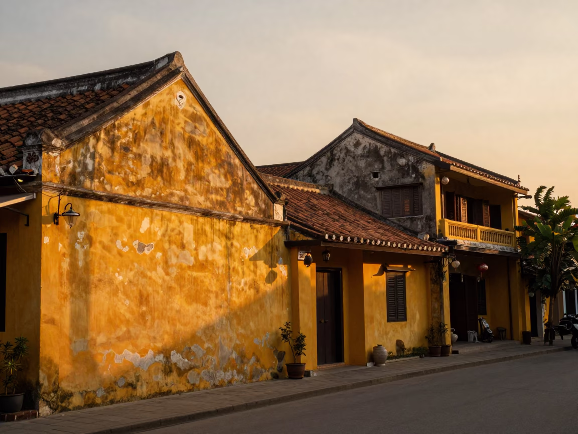 Golden Hour Street Scene in Hoi An Vietnam with Yellow Walls and River Activity in in Hoi An, Vietnam