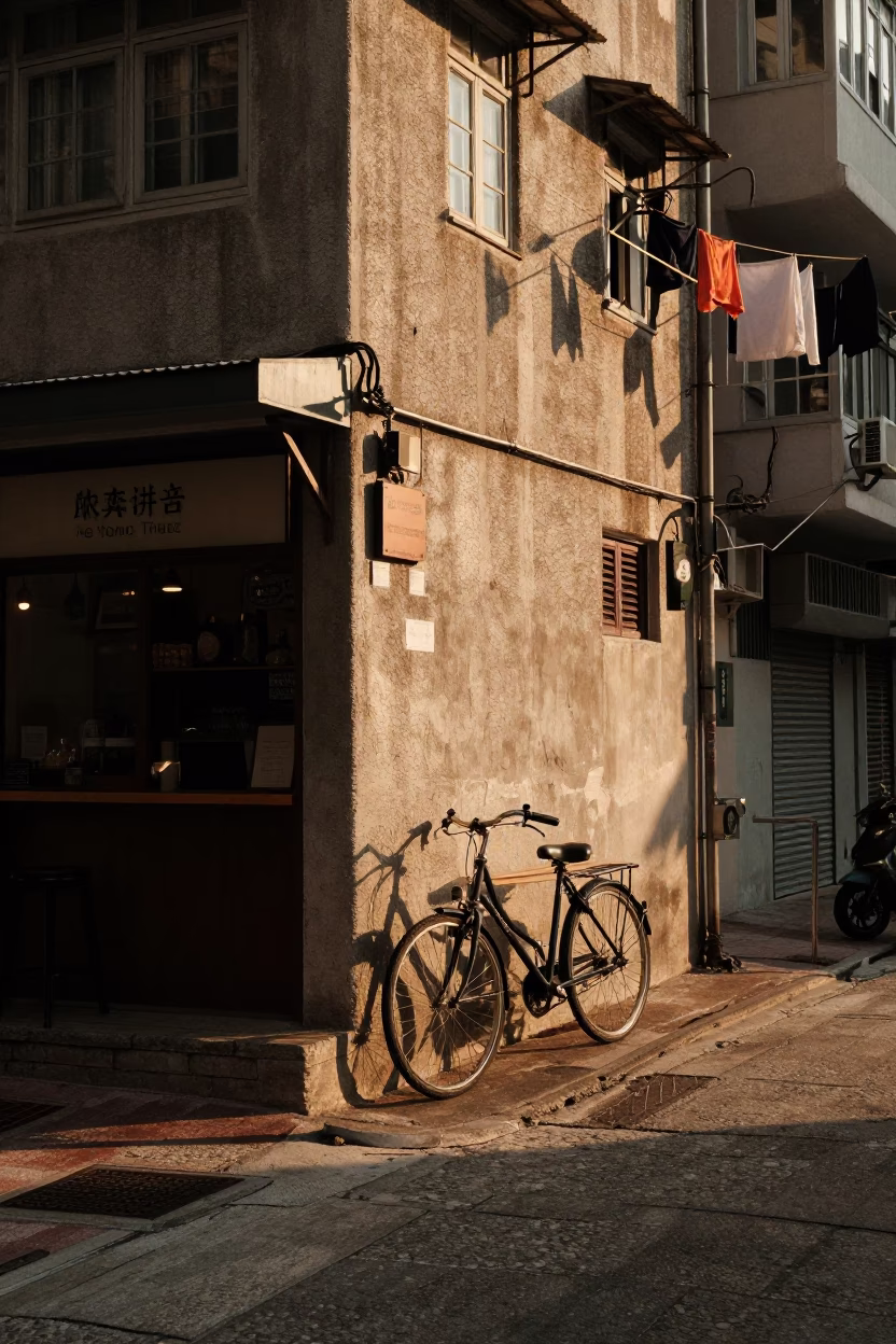Golden Hour Street Scene in Hong Kong with Bicycle Leaning Against Cafe in in Hong Kong, Hong Kong