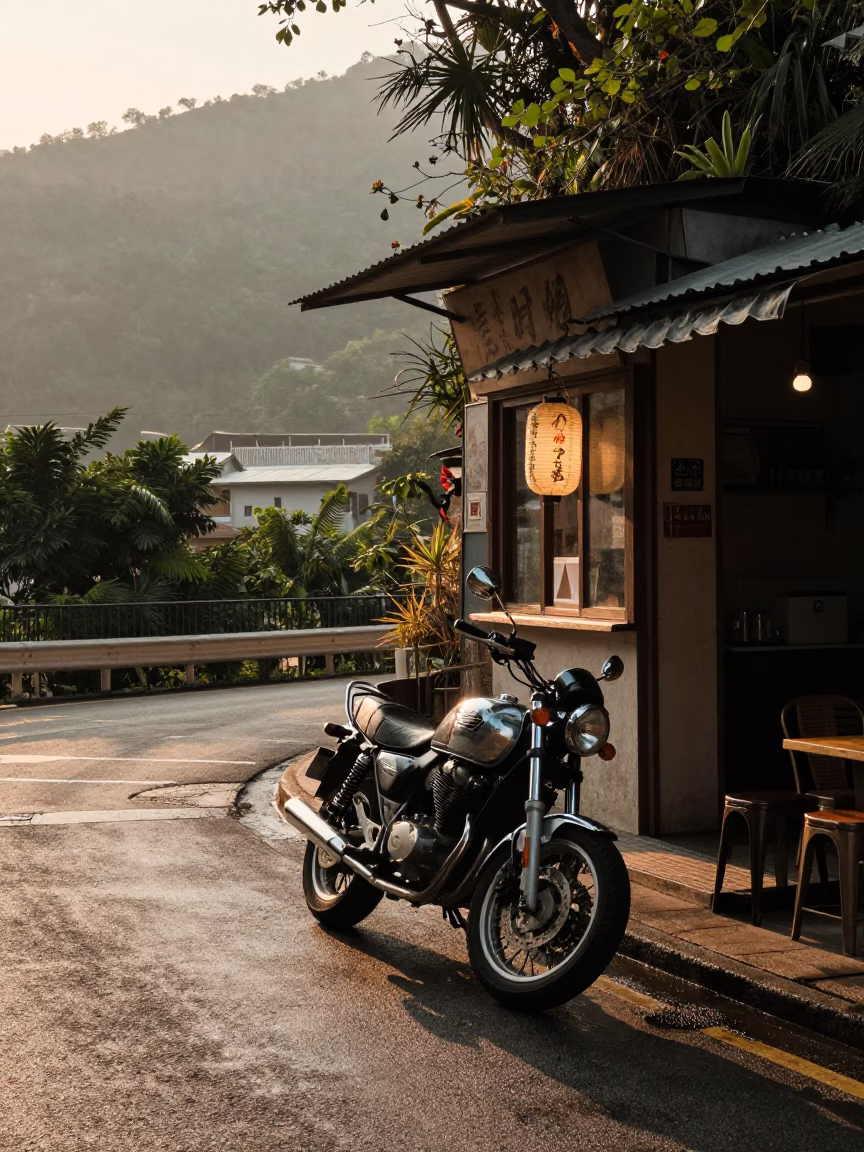 Golden Hour Street Scene in Hong Kong with Motorcycle and Urban Haze in in Hong Kong, Hong Kong