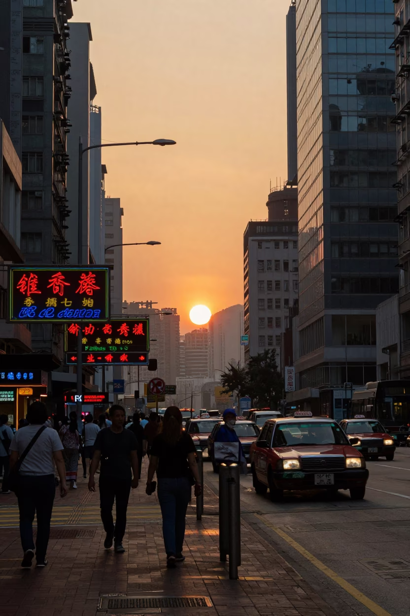 Golden Hour Street Scene in Hong Kong with Neon Signs and Pedestrians in in Hong Kong, Hong Kong