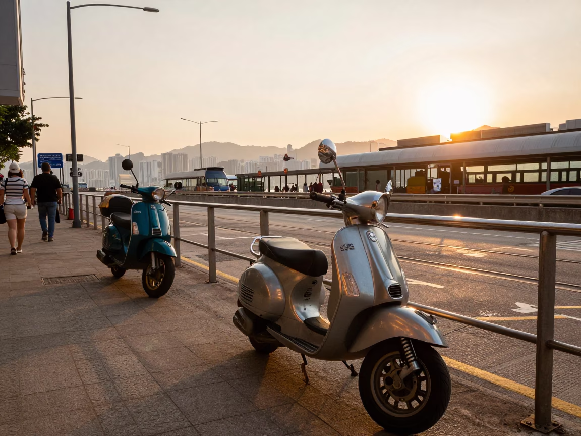 Golden Hour Street Scene in Hong Kong with Scooter and Funicular Railway in in Hong Kong, Hong Kong