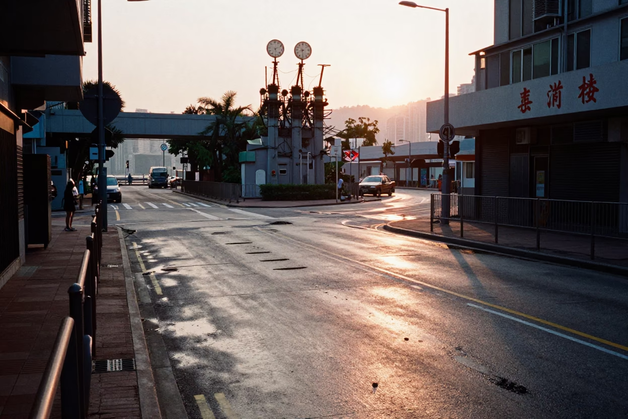 Golden Hour Street Scene in Hong Kong with Substation Road and Oil Sheen Puddles in in Hong Kong, Hong Kong
