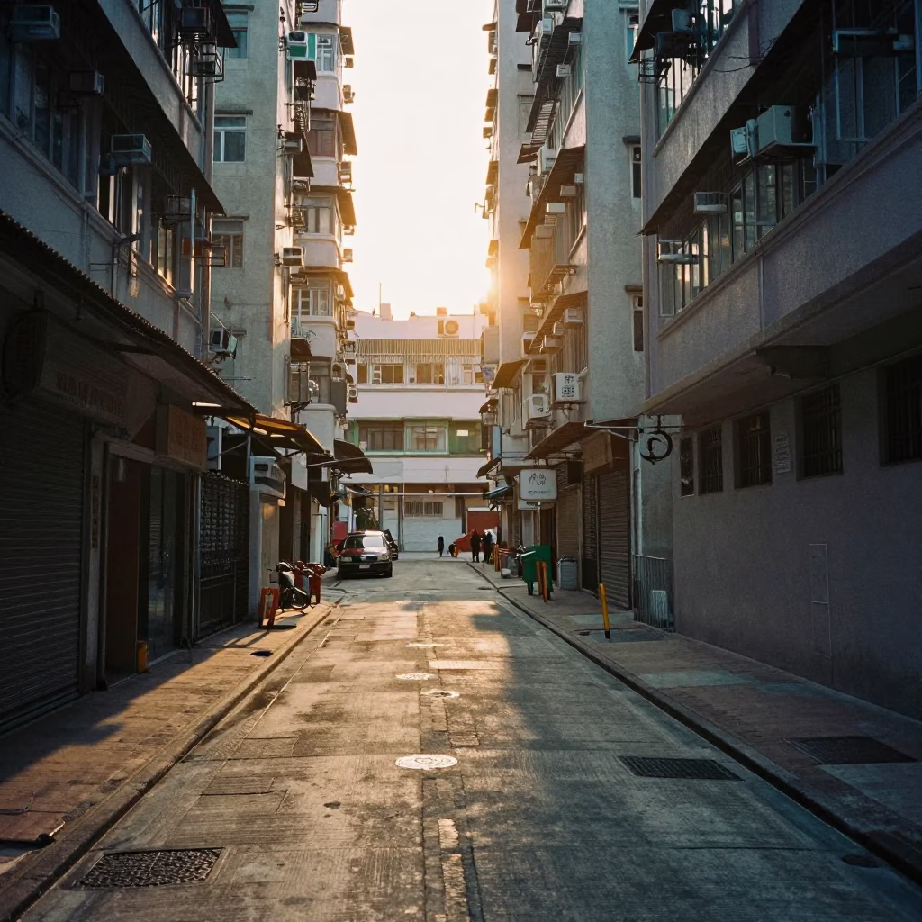 Golden Hour Street Scene in Hong Kong with Sunlight and Vintage Details in in Hong Kong, Hong Kong