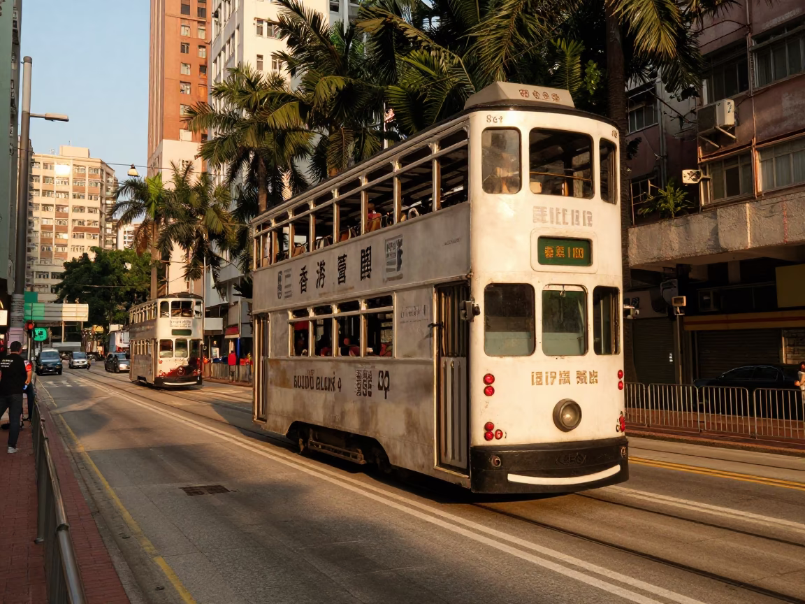 Golden Hour Street Scene in Hong Kong with Vintage Trolley and Urban Details in in Hong Kong, Hong Kong
