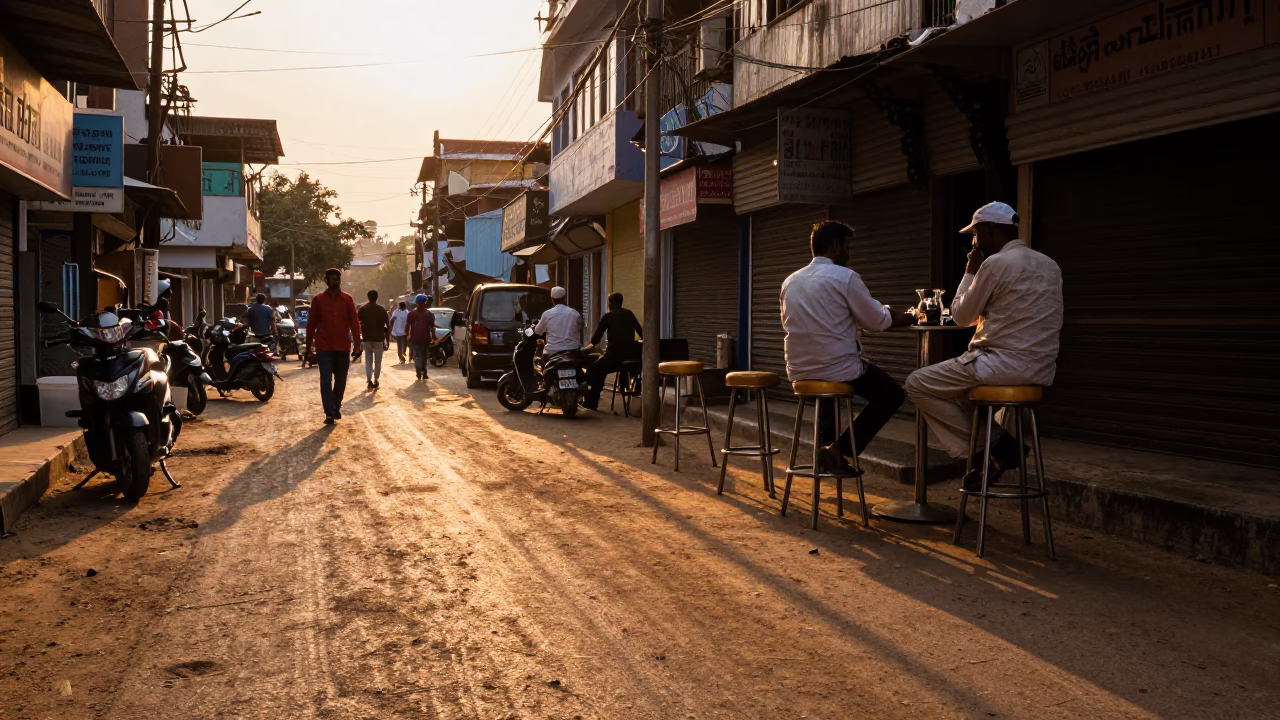Golden Hour Street Scene in Hyderabad India with Bar Stools and Local Life in in Hyderabad, India