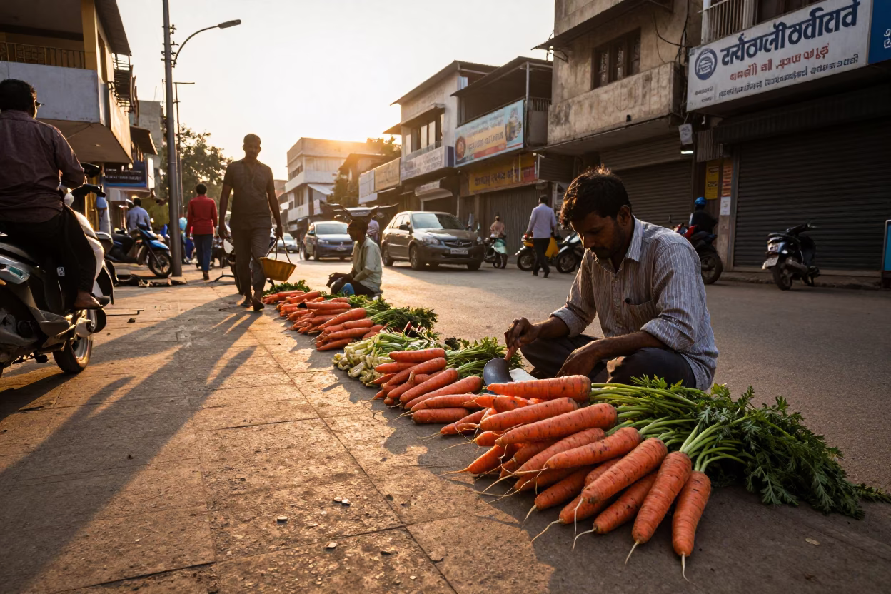 Golden Hour Street Scene in Hyderabad India with Carrots and Hand Tool in in Hyderabad, India