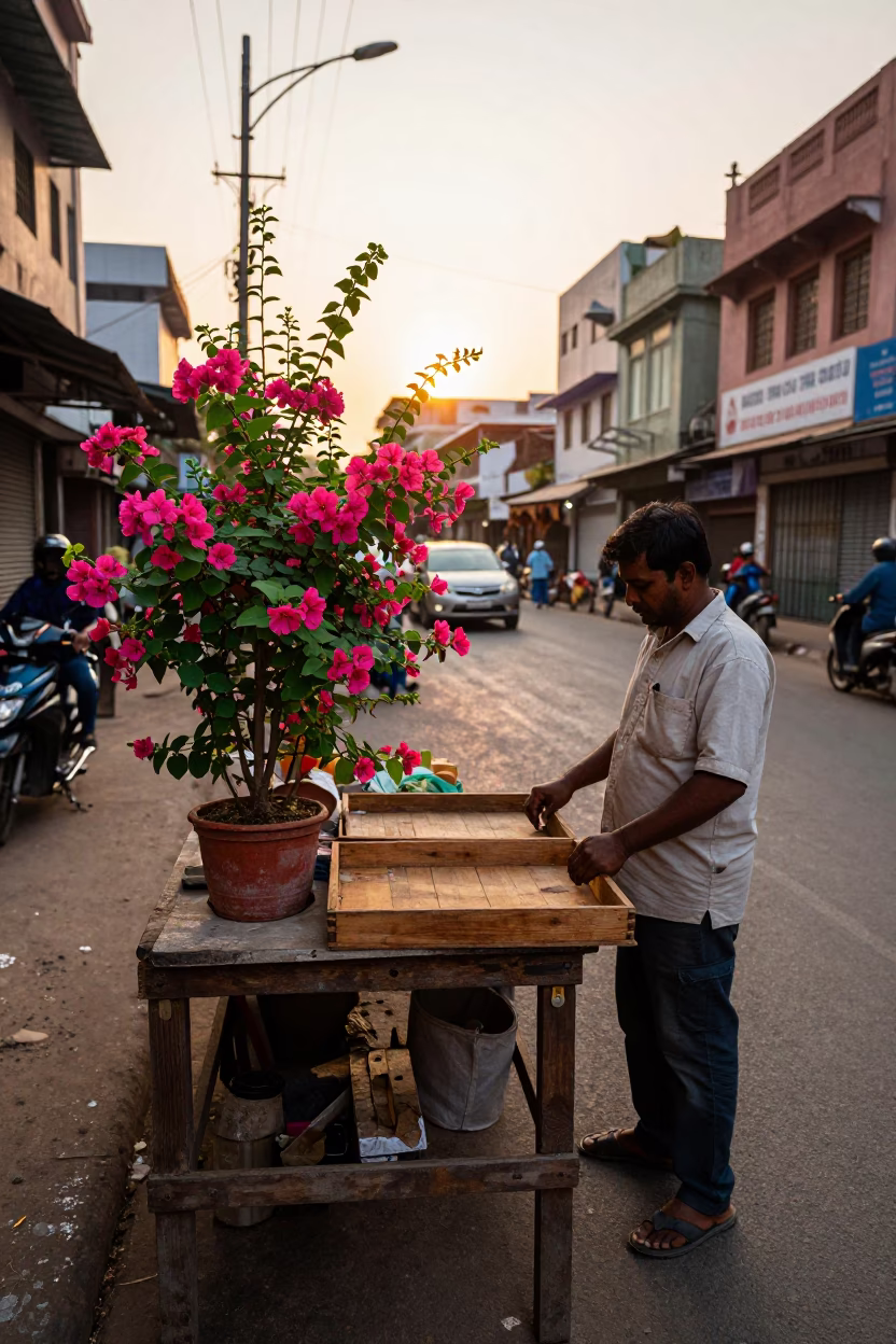 Golden Hour Street Scene in Hyderabad India with Flowering Plant and Wooden Tray in in Hyderabad, India