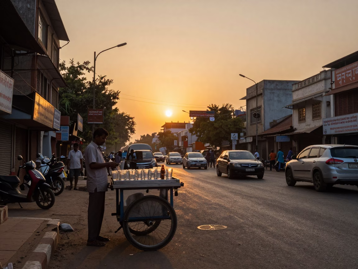 Golden Hour Street Scene in Hyderabad India with Glass Tumblers and Evening Light in in Hyderabad, India
