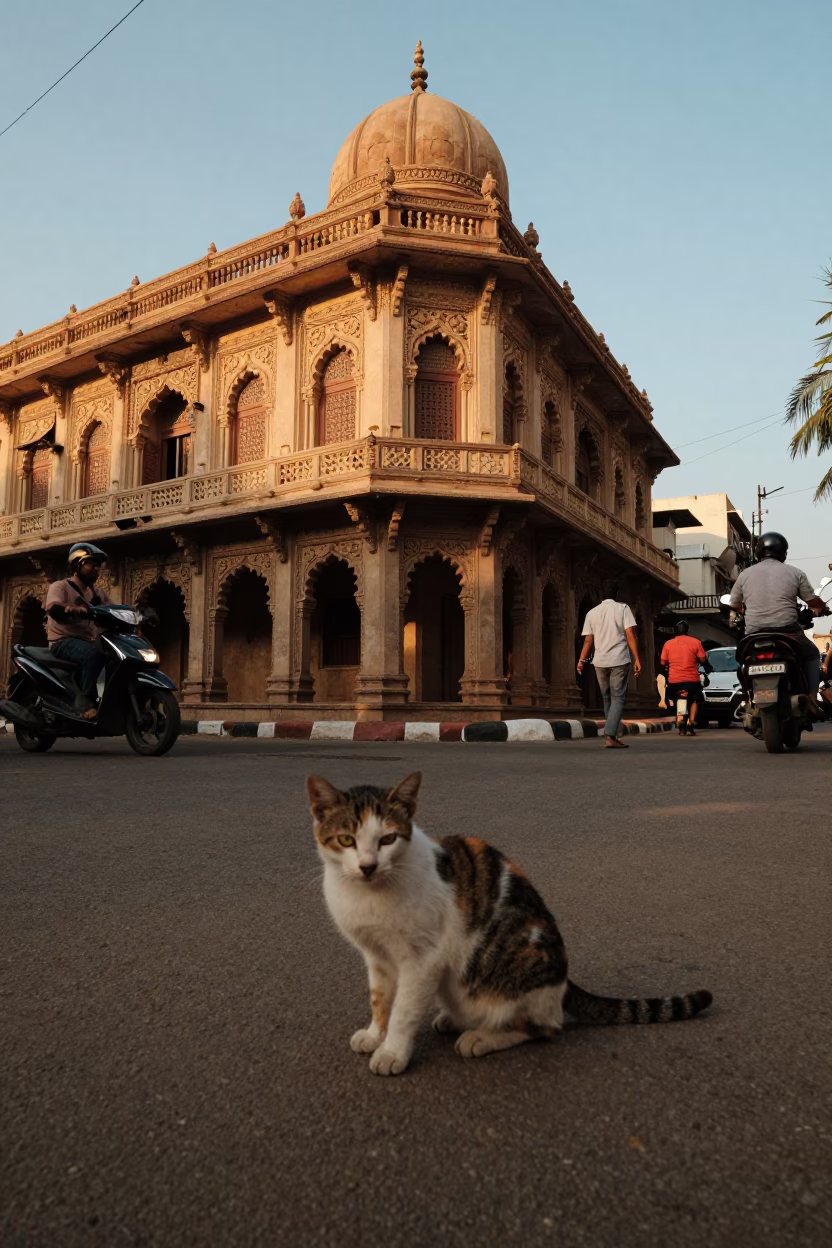 Golden Hour Street Scene in Hyderabad India with Japanese Bobtail Cat and Traditional Goblet in in Hyderabad, India