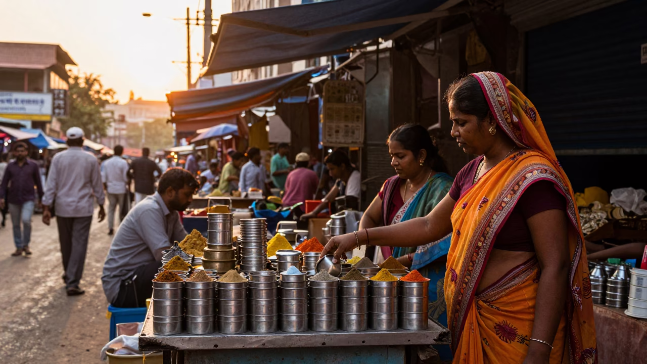 Golden Hour Street Scene in Hyderabad India with Local Market Details in in Hyderabad, India