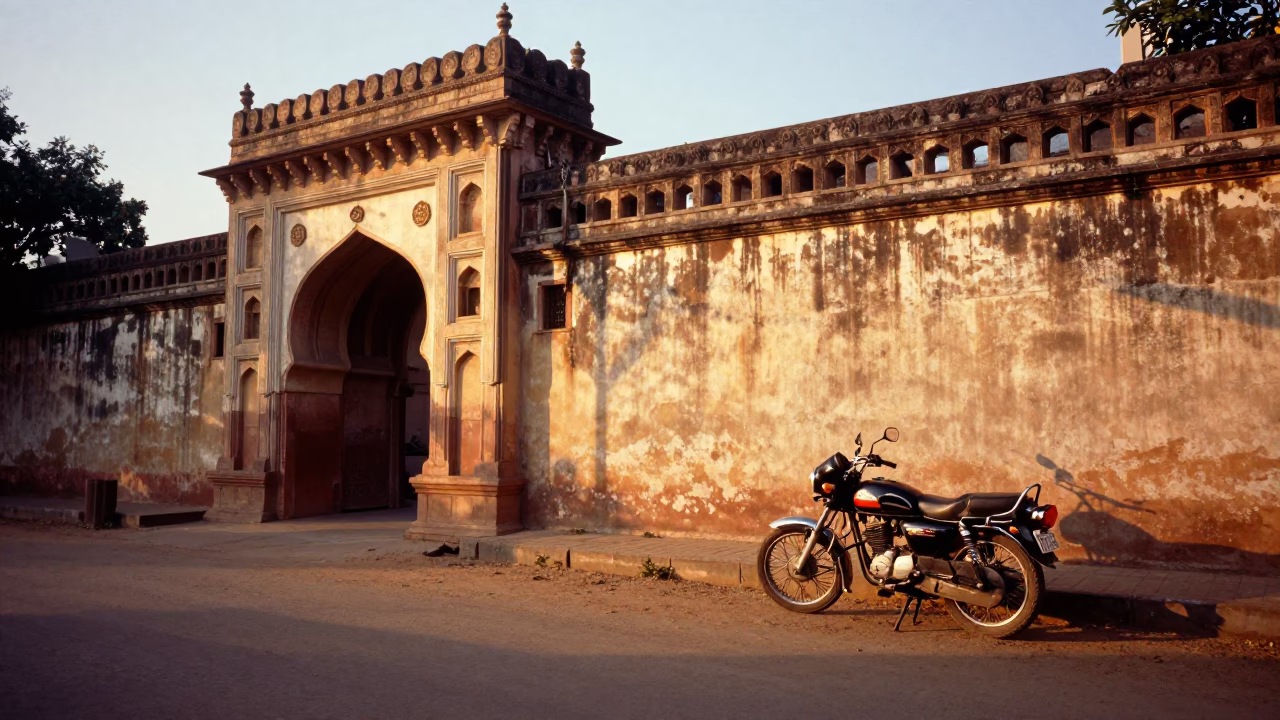 Golden Hour Street Scene in Hyderabad India with Motorcycle and Traditional Architecture in in Hyderabad, India