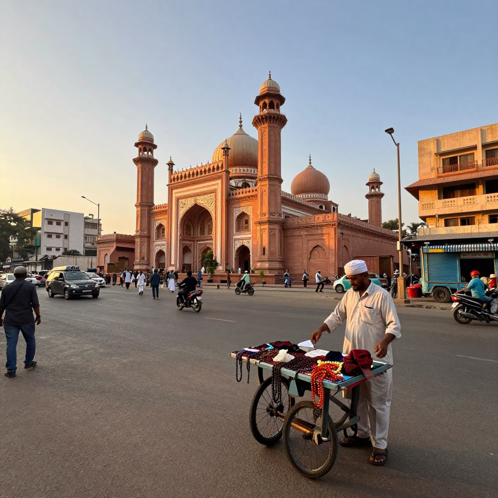 Golden Hour Street Scene in Hyderabad India with Prayer Beads and Local Vendor in in Hyderabad, India
