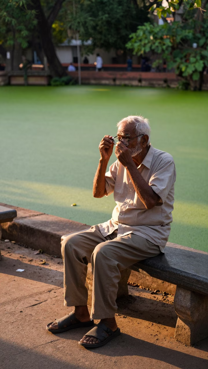 Golden Hour Street Scene in Hyderabad India with Retired Astronomer and Pond in in Hyderabad, India