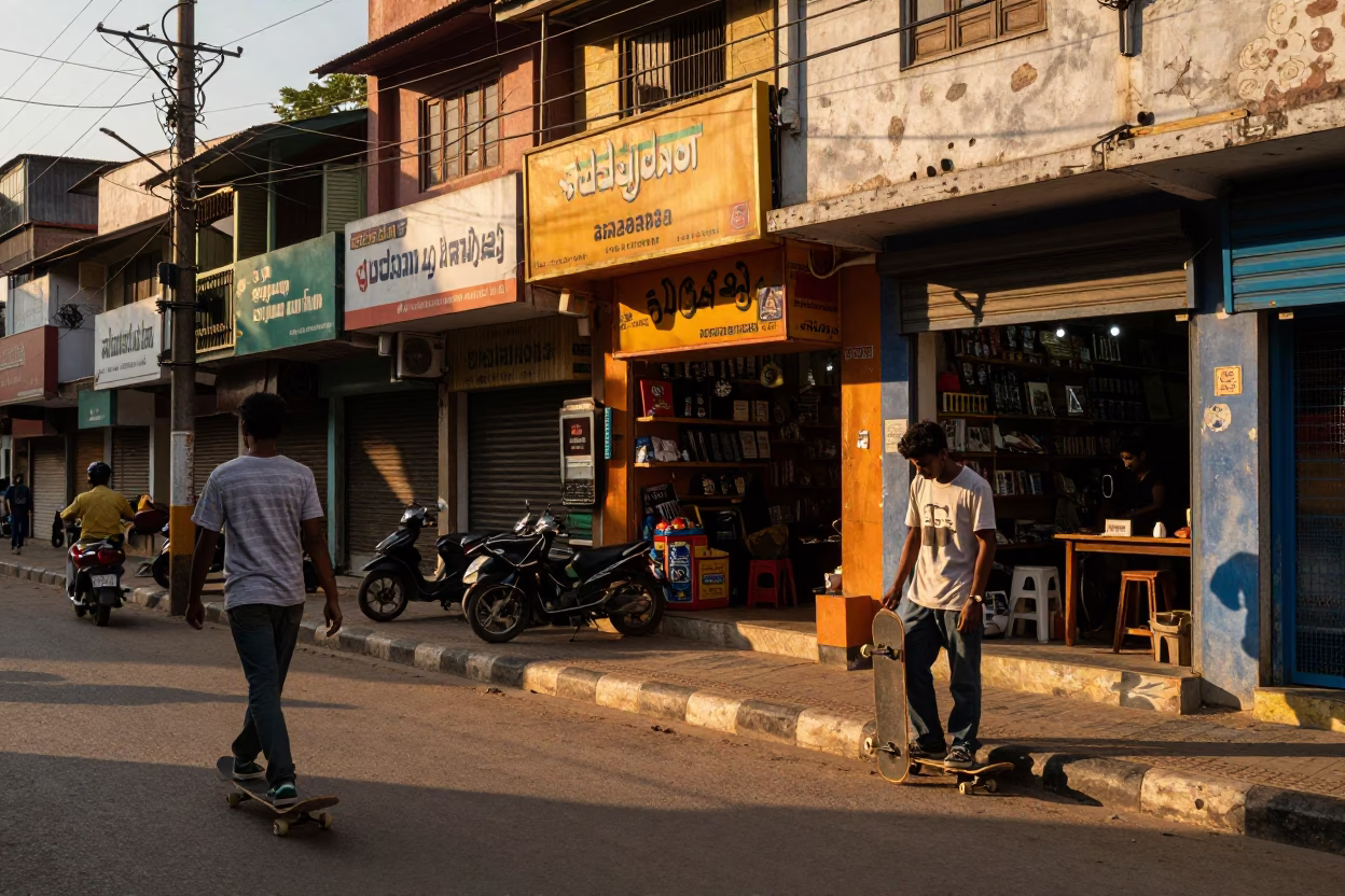 Golden Hour Street Scene in Hyderabad India with Skateboarder and Local Shop in in Hyderabad, India