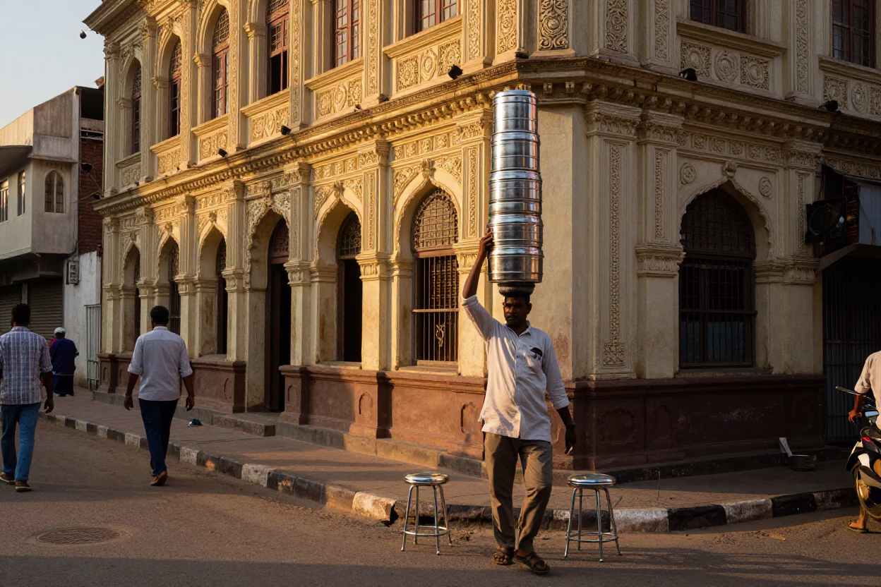 Golden Hour Street Scene in Hyderabad India with Tiffin Tin and Glass Stool in in Hyderabad, India